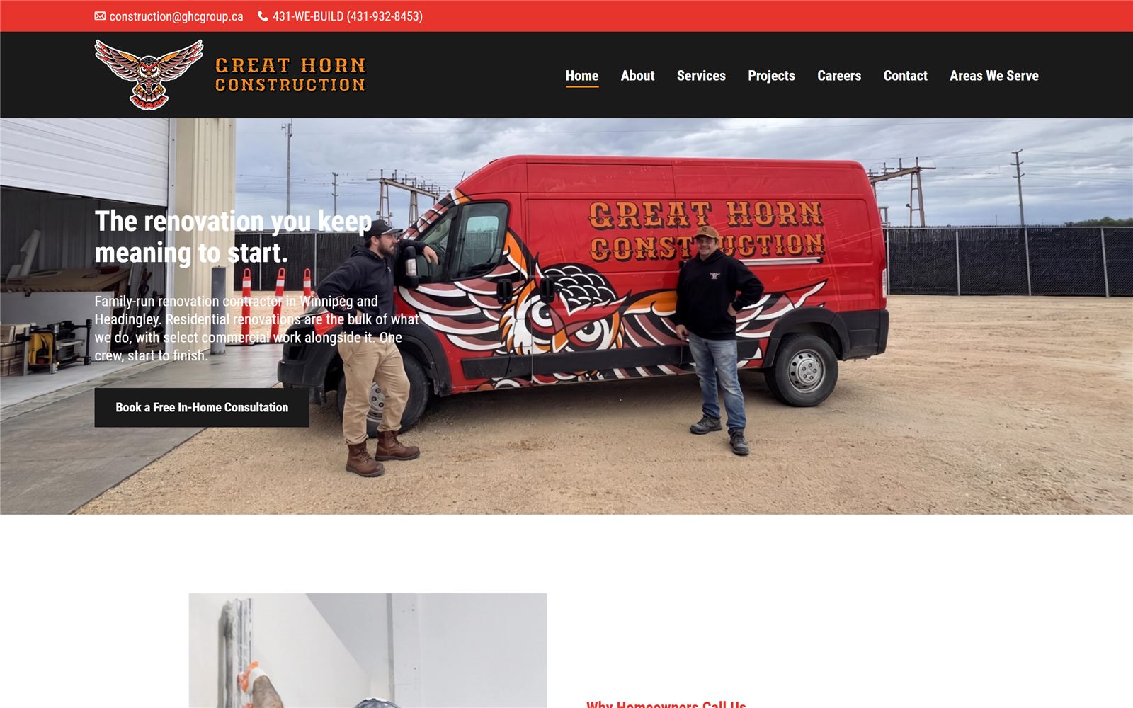 Great Horn Construction website featuring the crew and company van